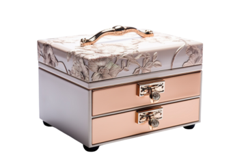 A Delicate Floral Jewelry Box With Two Drawers and a Golden Handle on a Clear PNG or White Background.