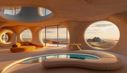 Fototapeta premium Futuristic Beachfront Living Room with Ocean View