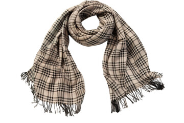 A Fringed Plaid Scarf Draped Elegantly for a Cool Autumn Day on a Clear PNG or White Background.