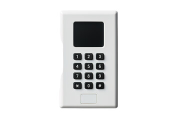 A White Keypad With a Black Screen Awaits a Code on a Clear PNG or White Background.