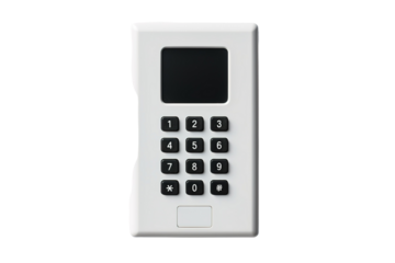 A White Keypad With a Black Screen Awaits a Code on a Clear PNG or White Background.