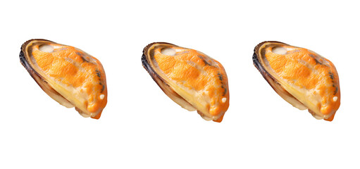 Top view set of steamed or cooked delicious green mussel meat isolated on white background with clipping path