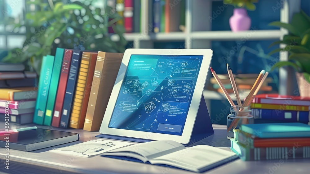 Poster background with a digital tablet surrounded by digital learning tools and e-books, set on a modern d