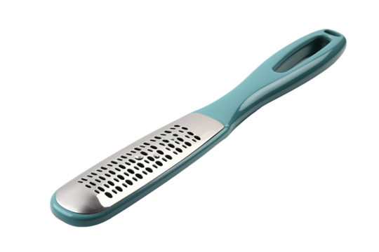A Teal Foot File With a Silver Grating Surface for Smooth Skin on a Clear PNG or White Background.