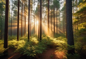 Obraz premium sunbeams filtering through pine forest tranquil beauty woods, canopy, nature, sunlight, tree, foliage, green, peaceful, serene, landscape, wilderness, natural