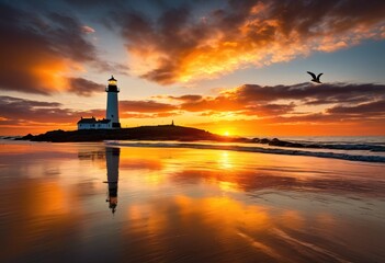Fototapeta premium serenity coastal landscape awakens dawn, sunrise, horizon, water, sky, rocks, cliff, sand, dusk, shore, sun, morning, view, light, reflection, scenic