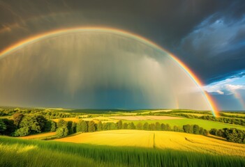 Fototapeta premium vibrant rainbow arching over countryside fields after summer shower, lgbtq, lgbt, pride, colorful, love, equality, nature, landscape, rural, meadows, sunny
