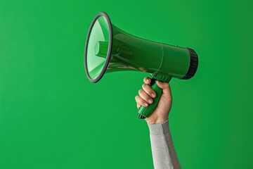 Hand holding a green megaphone on a green background