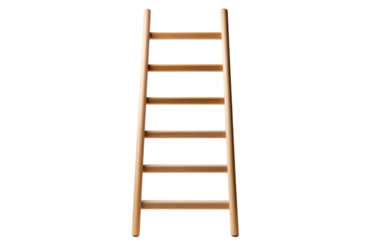 A Simple Wooden Ladder Standing Tall Against a White Background on a Clear PNG or White Background.