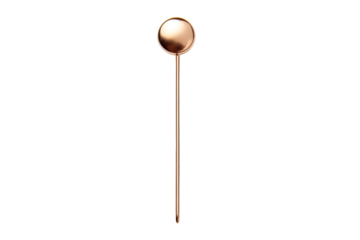 A Single Rose Gold Cocktail Stirrer Stands Tall Against a White Background on a Clear PNG or White Background.
