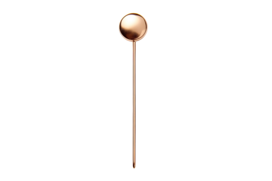 A Single Rose Gold Cocktail Stirrer Stands Tall Against a White Background on a Clear PNG or White Background.