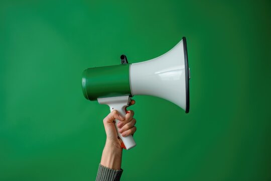 Hand holding a megaphone on a bright green background