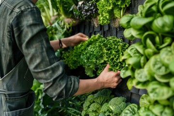Person harvesting fresh greens from a vertical garden