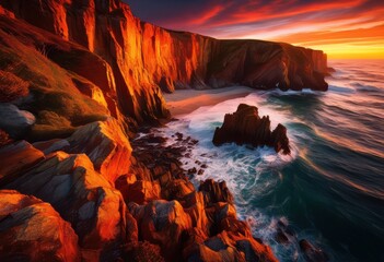 Fototapeta premium vibrant sunset glow reflecting dramatic coastal cliffs, coastline, horizon, colorful, ocean, view, nature, scenery, sunlight, picturesque, landscape, rocks, beauty
