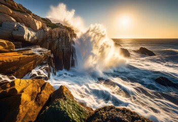 Fototapeta premium refreshing salt spray cascading over majestic coastal cliffs, ocean, rocks, waves, view, landscape, horizon, scenery, nature, shoreline, seascape, seaside