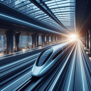 A swift hyperloop train glides through a contemporary, streamlined station. AI generated.