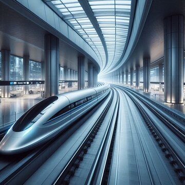 A swift hyperloop train glides through a contemporary, streamlined station. AI generated.