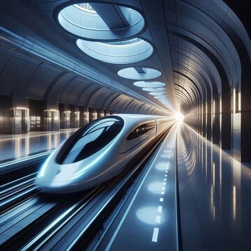 A swift hyperloop train glides through a contemporary, streamlined station. AI generated.