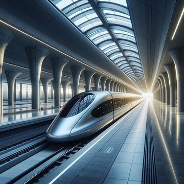 A swift hyperloop train glides through a contemporary, streamlined station. AI generated.