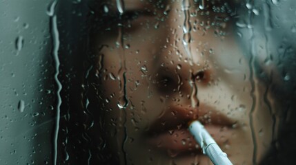 Fototapeta premium Isolated woman with cigarette, behind foggy glass with raindrops, exhaling smoke, grey background, feeling alone, still life photo.