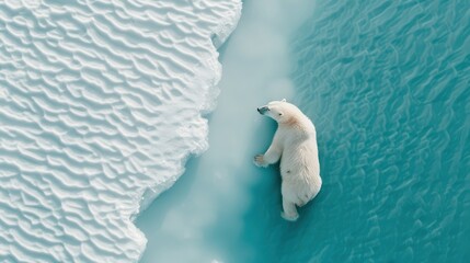 A high angle view of a frozen sea with a lone polar bear.