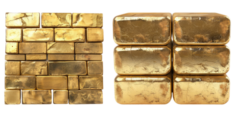 Set of gold bricks isolated on transparent background