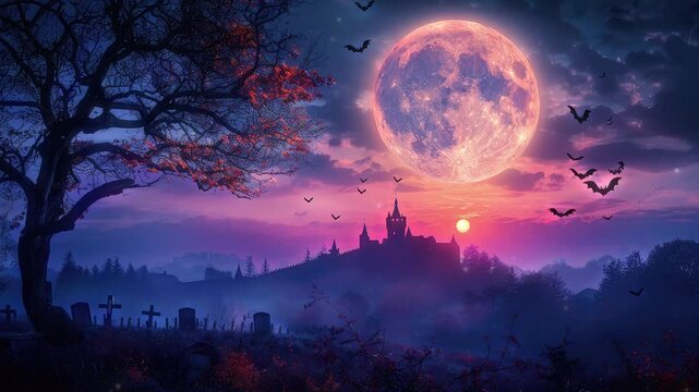 Graveyard cemetery to castle In Spooky scary dark Night full moon and bats on dead tree, 4k animation video looping