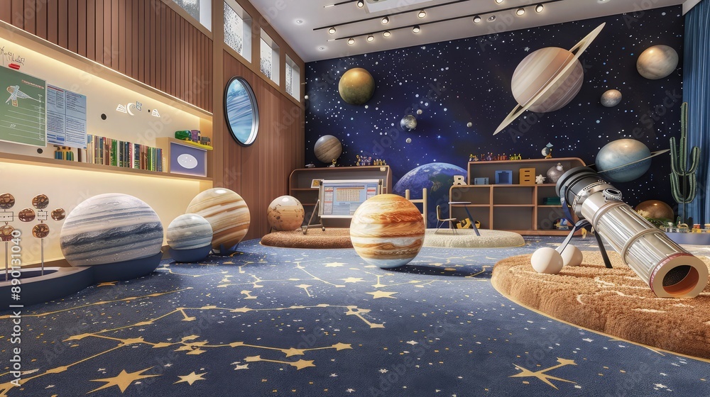 Aufkleber space-themed classroom with models of planets, a telescope, and star charts, plus a soft carpet that