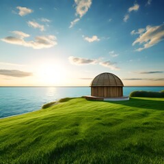 Obraz premium a dome-shaped building on a hilltop, overlooking a body of water. The building is white and has a square base, with windows along the middle section.
