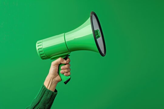 Hand holding a green megaphone against a green background
