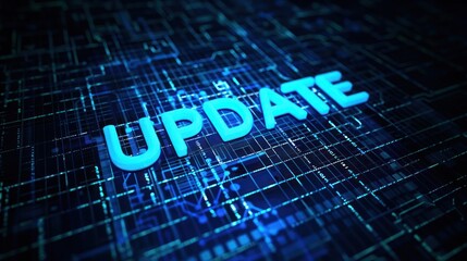 Blue Update text glowing on digital background, illustrating software update, digital background