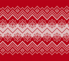 Festive sweater ornament. Xmas print border. Red Christmas seamless pattern. Knitted geometrical print. Fair isle traditional holiday background. Vector illustration.