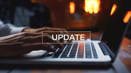 Person typing on laptop with progress bar and Update text, software update in progress, technology upgrade