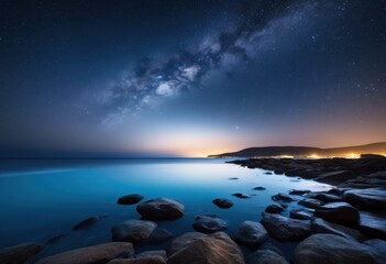 Obraz premium tranquil coastal waters under starry night sky reflecting calm ocean scene, stars, peaceful, serene, twilight, dusk, horizon, moon, reflection, beauty, nature