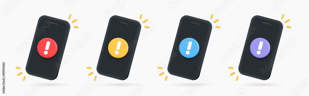 Poster 3d phone with exclamation mark. smartphone with important notification. spam in email. mobile error 