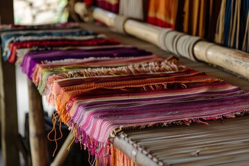 Asian weaver showcasing finished products, displaying textiles, Generative AI