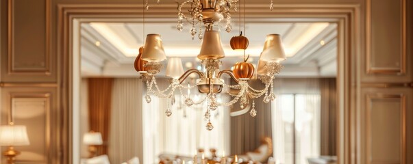 An elegant chandelier with hanging pumpkin-shaped ornaments in a luxurious dining room,