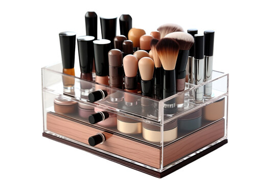 A Clear Acrylic Makeup Organizer With Wooden Accents and an Array of Brushes and Applicators on a Clear PNG or White Background.