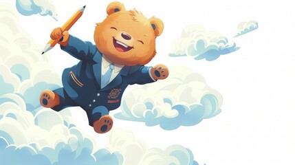 Joyful cartoon bear in a suit holding a pencil jumps happily among soft white clouds suitable for children's educational concepts.