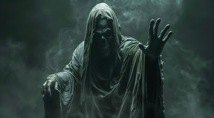 The grim reaper reaches towards the camera against a dark background.