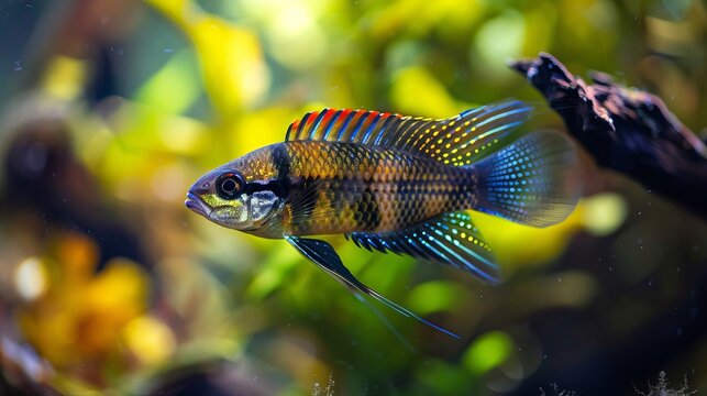 Apistogramma flabellicauda, a male dwarf cichlid with its distinctive fin structure and vibrant colors.