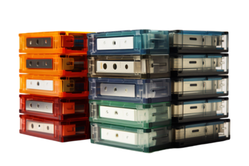 A Colorful Stack of Vintage Data Cartridges Ready For Retro Computing on a Clear PNG or White Background.
