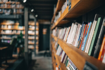 A library's quiet embrace - rows of books lining wooden shelves