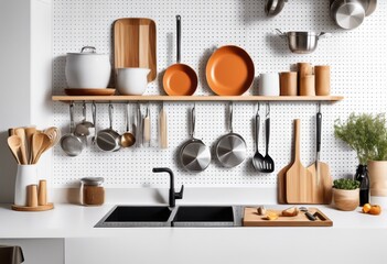 elegant kitchen pegboards white backdrop organization style,
