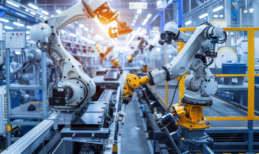 Poster robot arm catch for assembly line for smart technology.