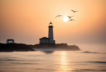 misty marine fog surrounding coastal lighthouse beacon, weather, atmospheric, maritime, tower, ocean, sea, water, visibility, navigation, safety, warning