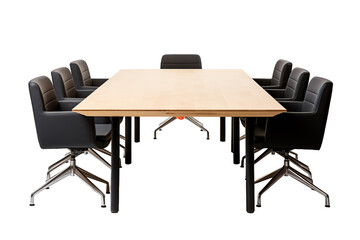 A Meeting Room Table Set With Modern Design and Black Leather Chairs on a Clear PNG or White Background.