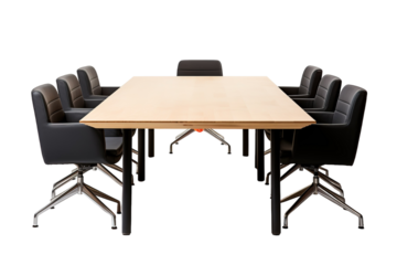 A Meeting Room Table Set With Modern Design and Black Leather Chairs on a Clear PNG or White Background.
