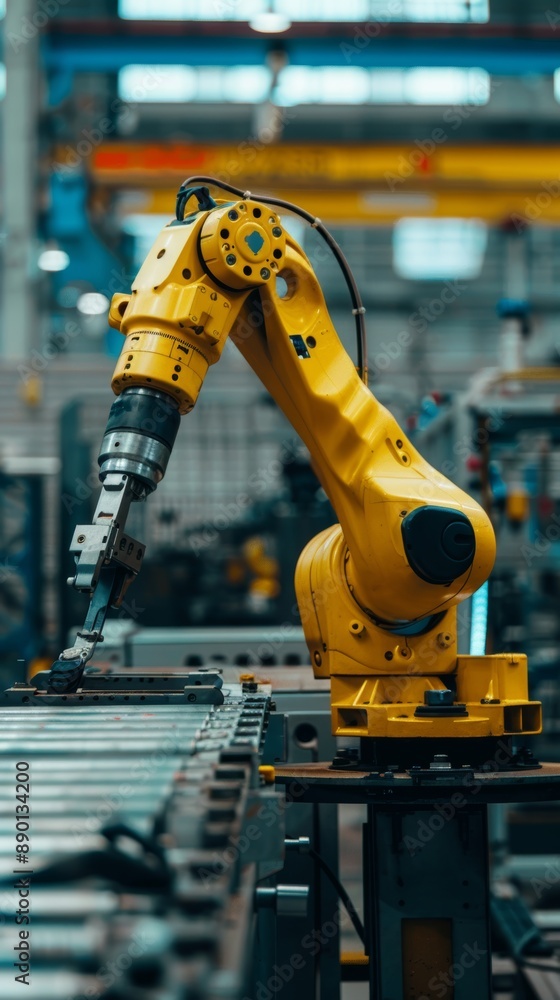 Poster the vertical portrait shows an automated robot arm working in a production factory assembly line