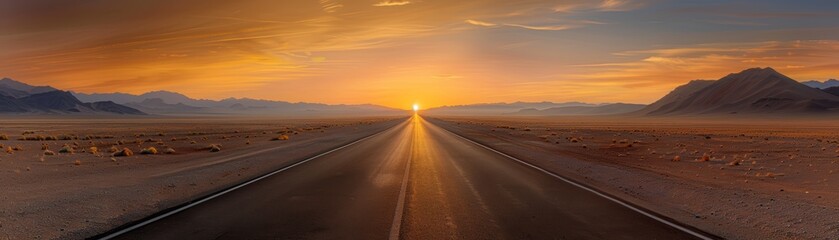A stunning sunset over a deserted road stretching into the horizon, capturing the tranquility and beauty of an endless journey in the desert.